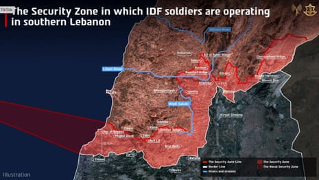 A map published by the Israeli army showing the ‘security zone’ in which IDF soldiers are operating in southern Lebanon.