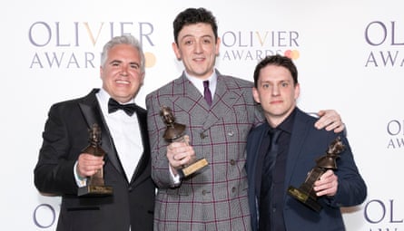 Darren Clark, John Dagleish and Jethro Compton astatine the Olivier awards, wherever The Curious Case of Benjamin Button won 3 prizes.