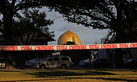 Police stand guard in front of the Al Noor mosque in Christchurch, New Zealand on 17 March 2019, where one of two mass shootings occurred. 