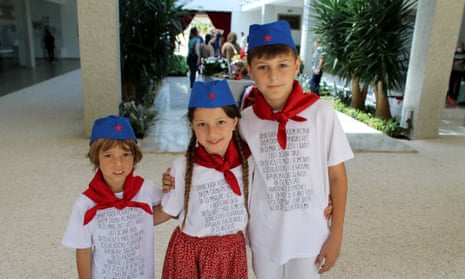 Children dressed as Yugoslav 'pioneers' visiting Tito’s mausaleum at the Museum of Yugoslavia in Belgrade