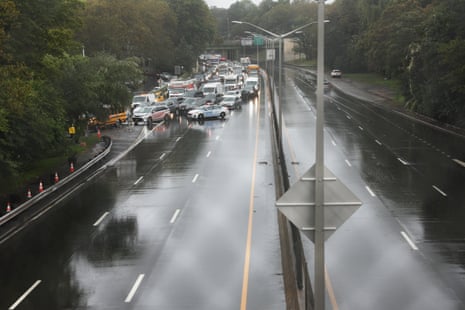 A section of the Prospect Expressway is closed during high water after heavy rain and flooding on September 29, 2023 in the Brooklyn Borough of New York City.