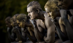 Nine models posed as Rodin’s The Thinker mark the launch of the Nine Dots prize