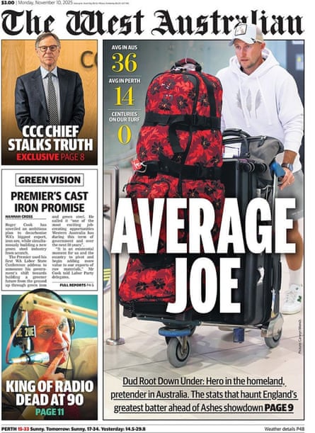 The West Australian newspaper’s front page on Monday took aim at Joe Root’s record in Australia as the world’s top-ranked Test batter arrived in Perth.