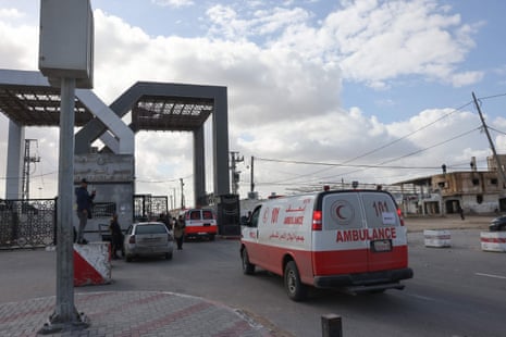 Palestinian Red Crescent ambulances transporting premature babies await passage through the Rafah crossing.