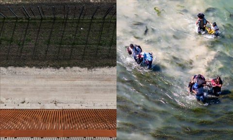 A side-by-side image of the border fence in Texas and people trying to cross the Rio Grande