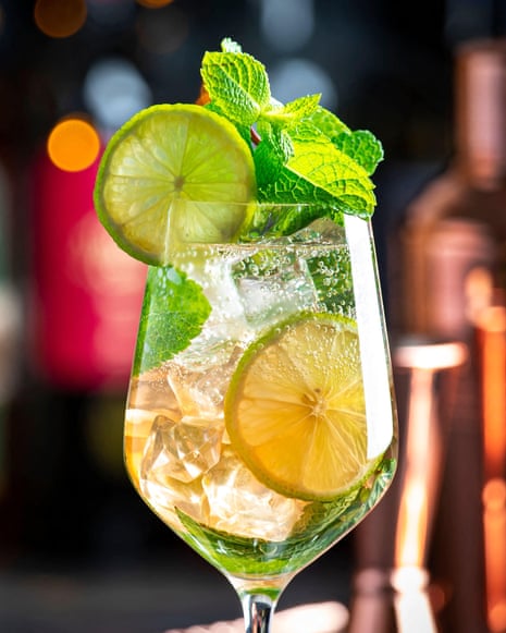 A wine glass with a clear, bubbly liquid, garnished with lime and mint