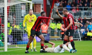 Bournemouth’s Jefferson Lerma reacts after Manchester United’s Anthony Martial goes down in the box.
