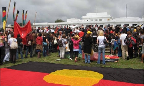 The day of the National Apology for Stolen Generations. The crowd turn their backs on Liberal opposition leader, Brendan Nelson, who had stopped short of delivering a full apology.