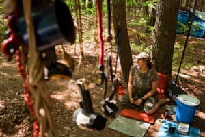 Kim Ellis sits in the support camp, where she has lived for the entire duration of the monopod protest.
