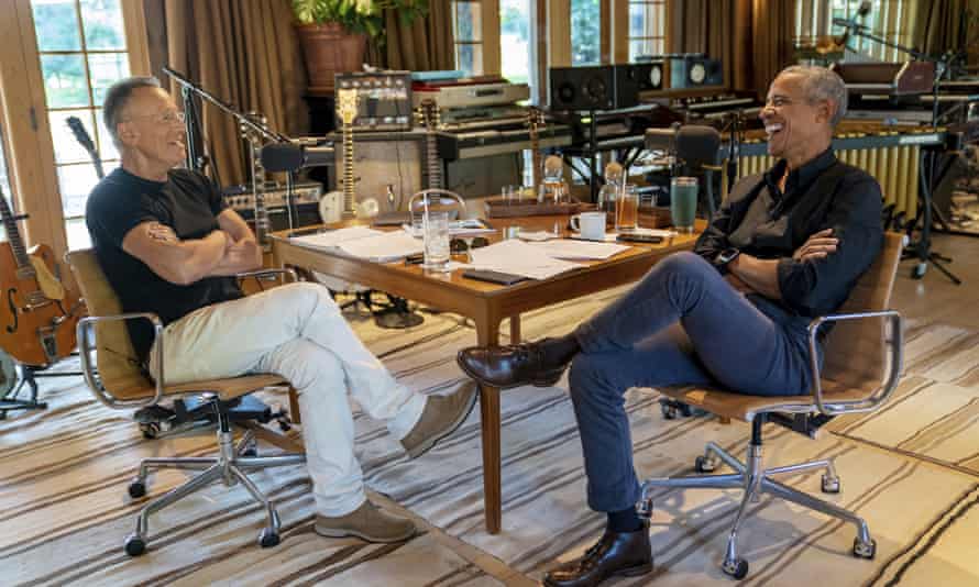 Bruce Springsteen with Barack Obama during their podcast of conversations recorded at the singer’s home studio in New Jersey.