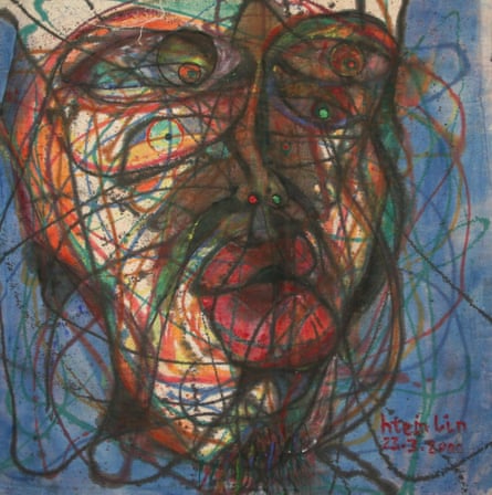 The head of a person on a blue background, drawn with overlaid looping lines