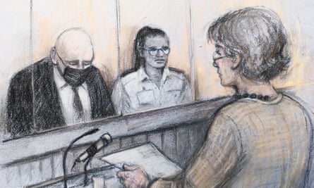 A court artist sketch of Susan Everard (right), the mother of Sarah Everard, reading a victim impact statement as Wayne Couzens (left), 48, sits in the dock