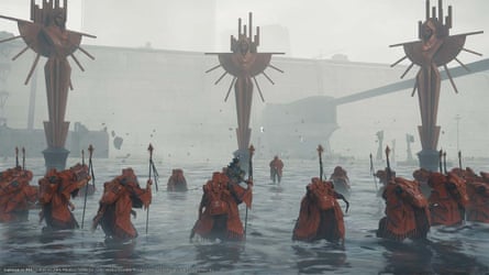 On the Beach, in an apocalyptic looking scene, people in what look like orange blankets walk knee deep in water