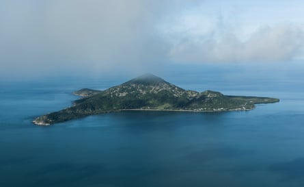 A mountainous island in the ocean
