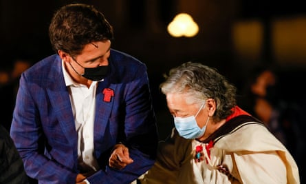 Canadian Prime Minister Justin Trudeau escorts Inuk survivor Elder Levinia Brown on Wednesday’s eve of Canada’s first National Day for Truth and Reconciliation.