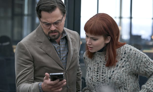 Leonardo DiCaprio and Jennifer Lawrence in Don’t Look Up, the 2021 Netflix film about two astronomers who try to give warning about a planet-killing comet heading for Earth.