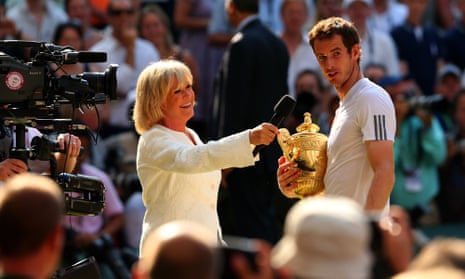 Sue Barker interviews Andy Murray after he beat Novak Djokovic to become Wimbledon champion for the first time in 2013