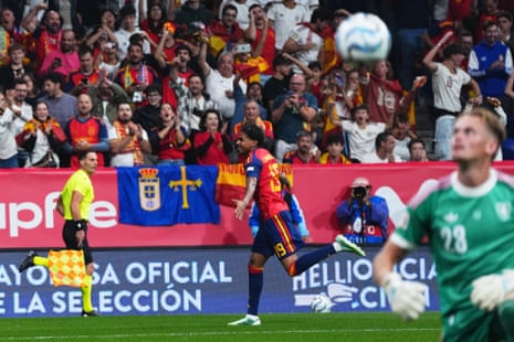 Lamine Yamal celebrates after scoring Spain's first goal.
