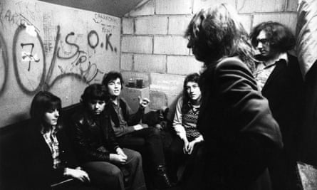 Nick Kent backstage with Dr Feelgood at the Marquee Club in London, Jan 1975