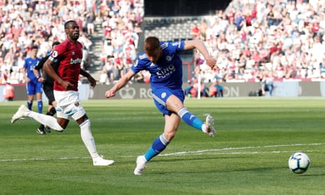 Leicester City’s Harvey Barnes scores their second goal.