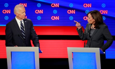 Kamala Harris confronts former vice-president Joe Biden during the second Democratic presidential debate in Detroit, Michigan.