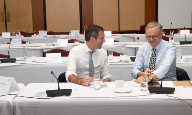 Anthony Albanese with treasurer Jim Chalmers in the great hall of Parliament House in Canberra.