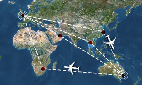 World map highlighting flight path from Sydney to London via Hong Kong
