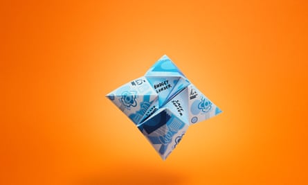 paper fortune teller made from banknotes with ‘budget louder’ and ‘save softer’ written inside