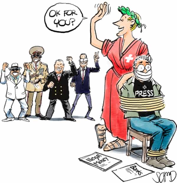 Caricatura publicada por el diario suizo Tages-Anzeiger, en respuesta a Suisse secrets.