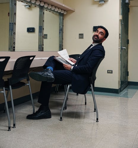 Assemblyman Zohran Mamdani prepares before participating in a New York City mayoral debate.