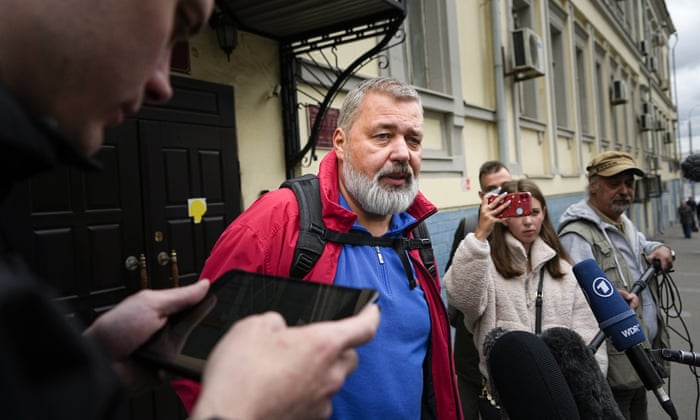 Dmitry Muratov, editor-in-chief of the Novaya Gazeta, after the hearing in the Basmanny District Court in Moscow, Russia, Monday.