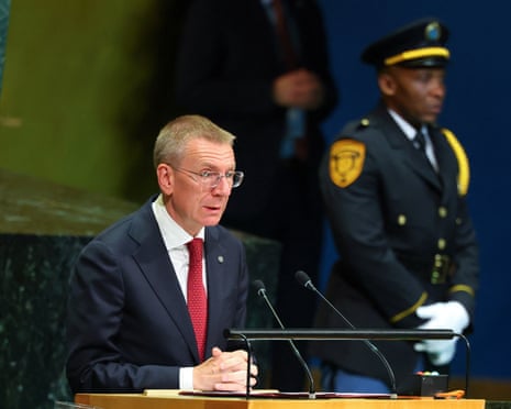 Latvia’s president Edgars Rinkēvičs addresses the 81st United Nations General Assembly (UNGA) at UN headquarters in New York.