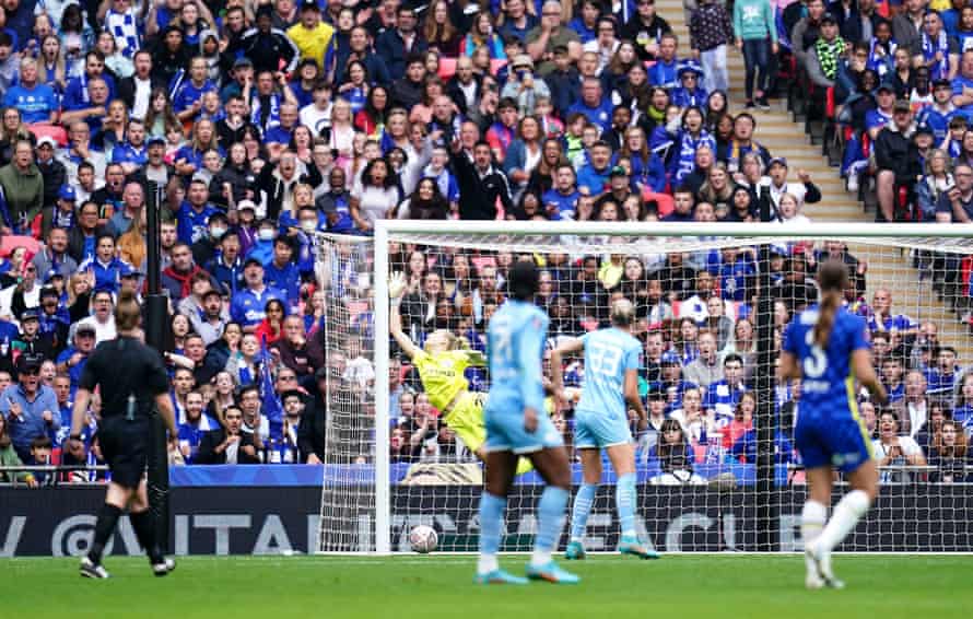 Chelsea’s Erin Cuthbert (not pictured) scores their side’s second goal of the game past Manchester City goalkeeper Ellie Roebuck.