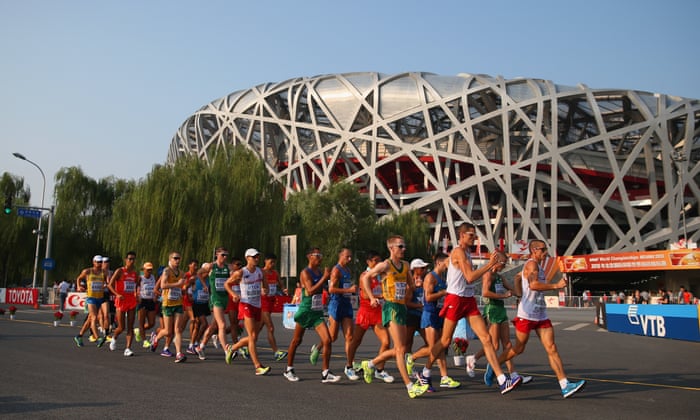 The athletes move out onto the streets of Beijing outside the Bird’s nest