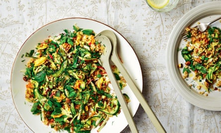 Thomasina Miers’ roast courgette, herb, pistachio, apple and giant couscous salad.