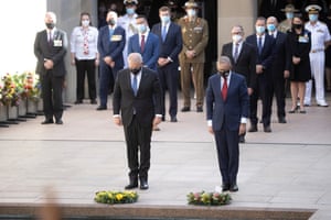 Prime minister Scott Morrison and opposition leader Anthony Albanese at the last post ceremony at the Australian War Memorial in Canberra on Monday night.