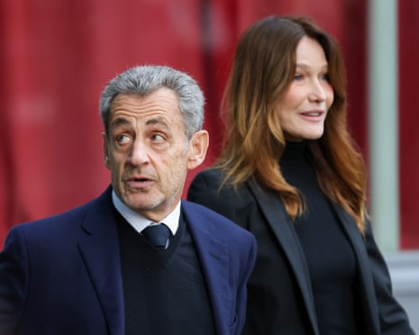Nicolas Sarkozy and Carla Bruni are seen leaving their home on 21 October 2025 in Paris, France.