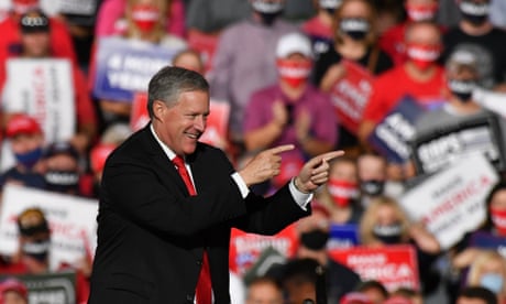 Former Trump White House chief of staff Mark Meadows gestures at a Make America Great Again event at Gastonia Municipal Airport on 21 October 2020.