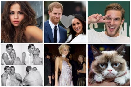 Clockwise from top left: Selena Gomez, Harry and Meghan, PewDiePie, Grumpy Cat, Paris Hilton in 2002 and Barack and Michelle Obama.