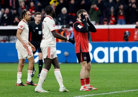 Florian Wirtz reacts after missing a big chance