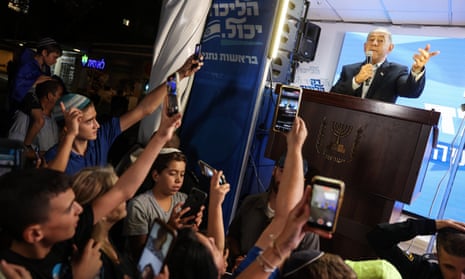 Benjamin Netanyahu, former prime minister, talks to supporters in Jerusalem on 11 September.