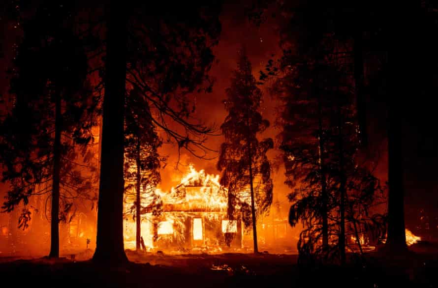 A house in flames during California's 2021 fires