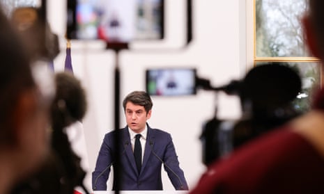 French Prime Minister Gabriel Attal speaks during a press conference at the Hotel Matignon in Paris.