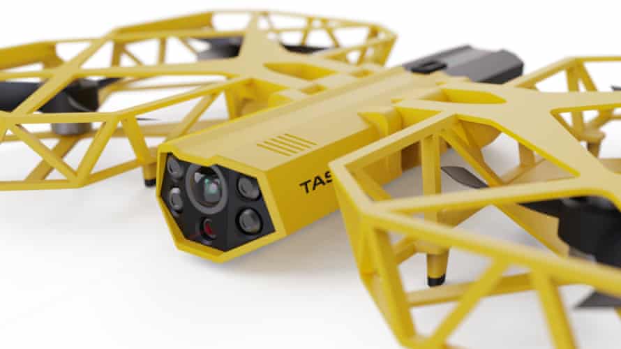 A computer-drawn image shows a yellow drone with a camera and the word 'Taser' on the side.
