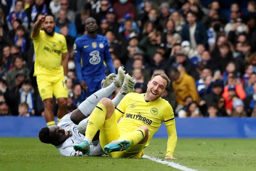 A happy Christian Eriksen after scoring Brentford’s second goal in their 4-1 away win over Chelsea.