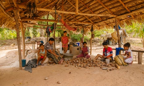 In the quilombo community of Santana do Adroaldo, Maria de Jesus Macedo de Andrade, 57, Helena Santos, 53, and Luizete de Macedo de Andrade, 19, crack open babaçu coconuts with children from the community.