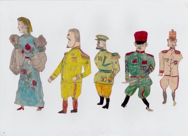 Five cut-outs drawn in a child-like manner