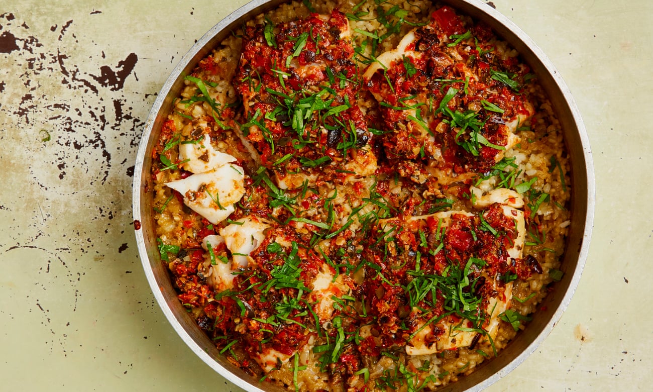 Yotam Ottolenghi’s cod marinated in pepper and pumpkin seed salsa.