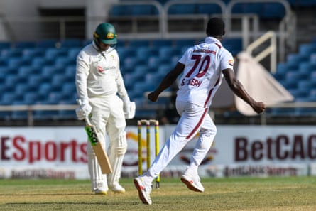 West Indies quick Shamar Joseph dismisses Australia opener Usman Khawaja