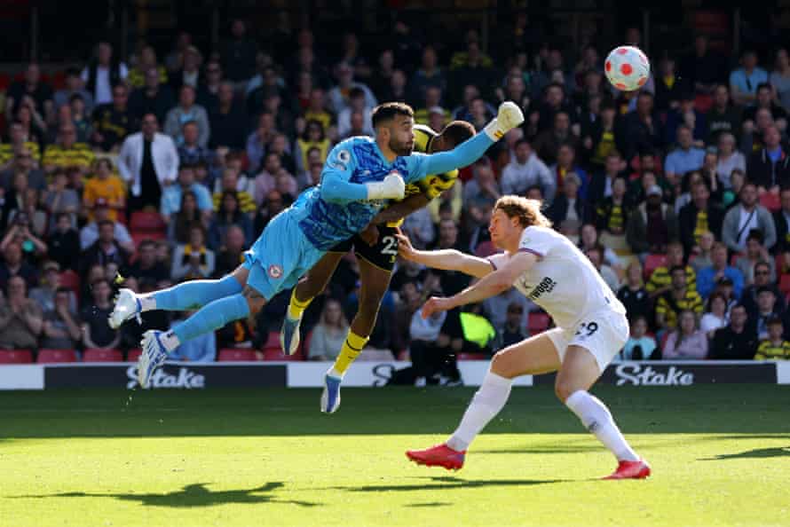 Brentford’s David Raya saves from Emmanuel Dennis as Watford lose 2-1.